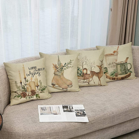 Ussap Warm Winter Wishes Decorative Throw Pillow Cover Set of 4, Reindeer Elk Skating Boots Let It Snow Decoration, Christmas Pine Tree Cones Candle Hot Cocoa Farmhouse Sofa Cushion Case Decor 18 x 18