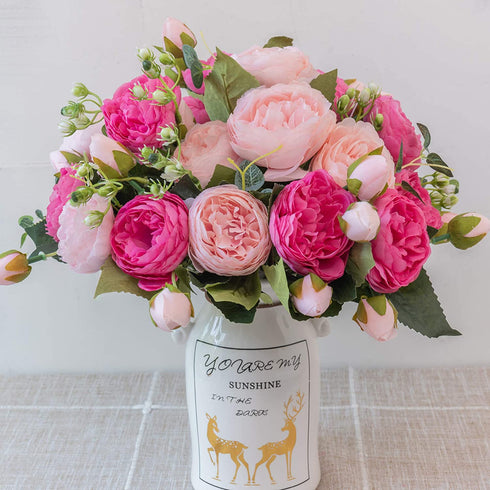 KAHAUL Artificial Flowers Silk Peony Flower Fake Flower Small Pieces Wedding Bouquet Design for Home Store Decoration Indoor&Outdoor (4 Pack, Pink Red)