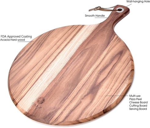 BILL.F Acacia Wood Pizza Peel,12" Cutting Board, Cheese Paddle Board, Bread and Crackers Platter for Serving and Minor Food Prepare with Handle - 16 x 12 x 0.5 Inch