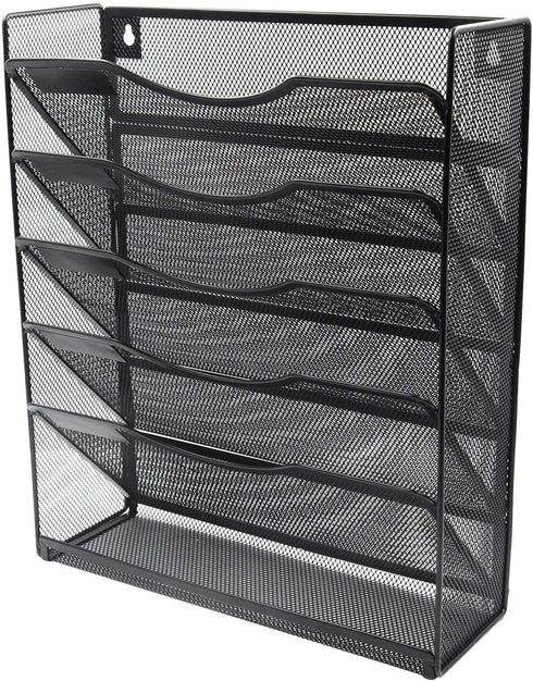 Klickpick Office 5 Sections Hanging Files Wall Mounted Metal Mesh Document File Organizer Magazine Holder Rack Desk Organizer Racks Multipurpose Use To Display File(Black, 5 tray wall racks New style)