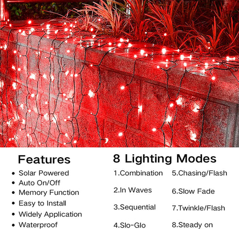 Joomer Red Solar String Lights, 105ft 300 LED 8 Modes Outdoor String Lights Waterproof Fairy Tree Lights for Garden, Patio, Fence, Balcony, Outdoors