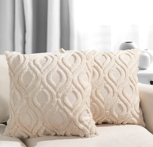 Decorative Throw Pillow Covers 20x20, Faux Fur Farmhouse Boho Pillow Cases ,Soft Plush Fuzzy Beige Cushion Covers for Sofa Couch Living Room Bedroom Set of 2