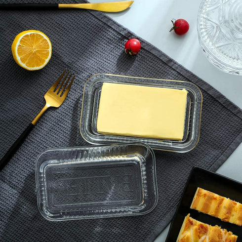 Glass Butter Dish with Lid from 1500 C Tabletop Farm-house Heavy Thick Cover Clear 2-Piece Keeper for Countertop European holder sticks Kitchen Dishwasher Safe
