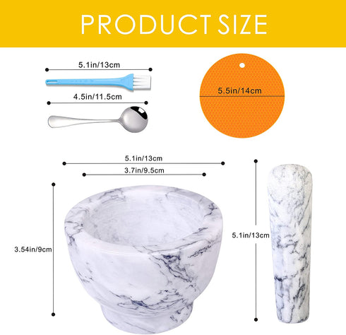 Mortar and Pestle Set, Guacamole Bowl Polished Natural Marble Stone, Grinder and Crusher, with Silicone Mat & Spoon-300ML(Light White Gray)