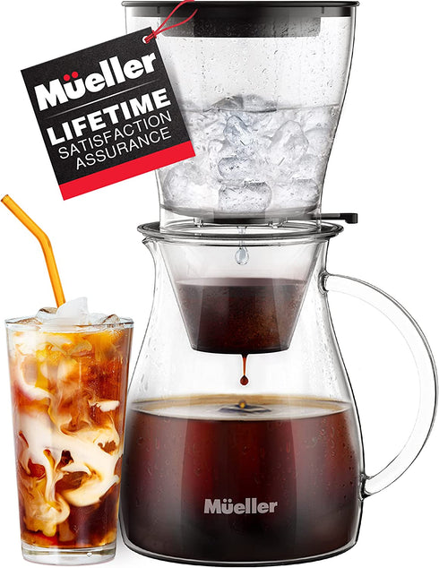 Mueller QuickBrew Smooth Cold Brew Coffee and Tea Maker 47 oz, Dripper Iced Coffee Brewer Maker with Adjustable Water Flow, Stainless Steel Filter, Borosilicate Glass Carafe