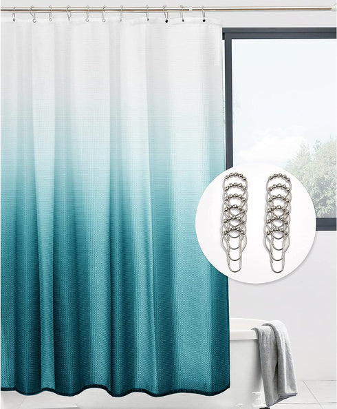 LOVTEX Teal Shower Curtain Set with 12 Hooks Ombre Waffle Shower Curtains for Bathroom 72 x 72 in, Waterproof and Machine Washable