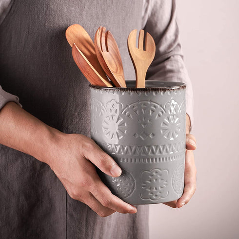 DOWAN Kitchen Utensil Holder, 7.2? Extra Large Utensil Holders for Countertop, Heavy Ceramic Utensil Crock, Anti Slip & Scratch Cork Bottom, Grey Utensil Organizer for Home Décor