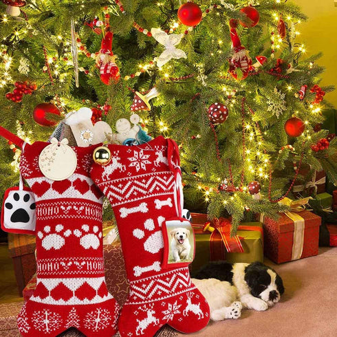 OurWarm 2Pcs Dog Christmas Stockings, Red Knit Dog Stockings with Picture Frame, Large Bone Shape Pet Stockings for Dogs Christmas Holiday Decoration