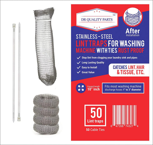 Pack of 50 Washing Machine Lint Traps Premium Snare and Rustproof Stainless Steel Mesh with Clamps