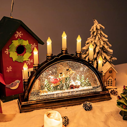 Christmas Snow Globe Lantern Decorations - 10 Inch Lighted Candlestick Lantern Batteries Operated LED Santa Sits in Sleigh Water Glittering for Xmas Home Gift Decor