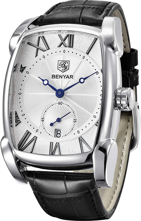 BENYAR Watch for Men Date Week Moon Phases Square 3ATM Waterproof Black Brown Blue Leather Strap Fashion Casual Classic Retro Rectangle Men's Wrist Watches Perfect Gifts for Friend