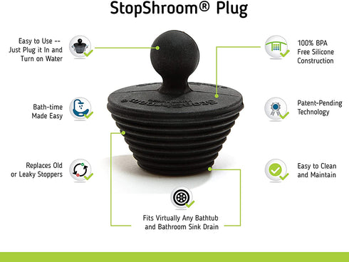 StopShroom Tub 2 Pack Universal Stopper for Bathtub and Bathroom Sink Drains, Black Plug 2pk, 2 Count
