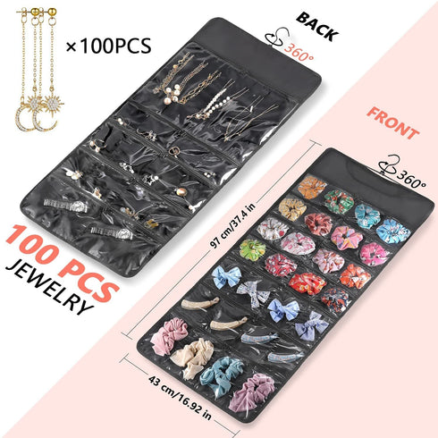 FOREGOER Hanging Jewelry Organizer with Zipper Pocket Double Sided 43 Pockets Large Necklace Earring Accessory Holder Organizer(Black)