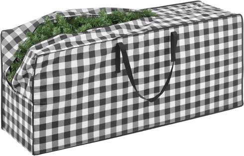 mDesign Extra Large Gift-Wrap Storage Bag with Handles, Organizer Container Holder for Christmas and Holiday Decor - Zipper Closure for Rolls of Wrap, Tree, and Garland, Buffalo Plaid, Black/White