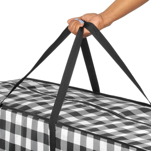 mDesign Extra Large Gift-Wrap Storage Bag with Handles, Organizer Container Holder for Christmas and Holiday Decor - Zipper Closure for Rolls of Wrap, Tree, and Garland, Buffalo Plaid, Black/White