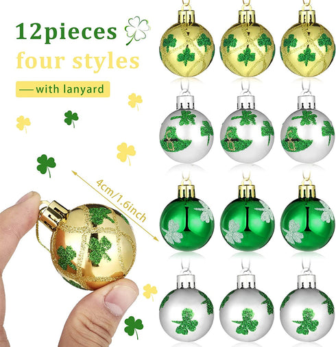12 Pieces St. Patrick's Day Hanging Ornament Ball Green Shamrocks Plastic Ball Ornament 1.57 Inch Good Luck Clover Hat Balls Decorations Baubles with Hanging Rope for St. Patrick's Day Party Supplies