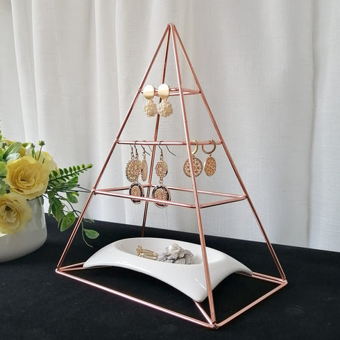 3-Tier Electroplated Metal Pyramid Design Jewelry Tower, Decorative Earring Display Stand , Rose Gold with White China Dish for Rings