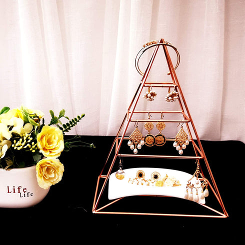3-Tier Electroplated Metal Pyramid Design Jewelry Tower, Decorative Earring Display Stand , Rose Gold with White China Dish for Rings