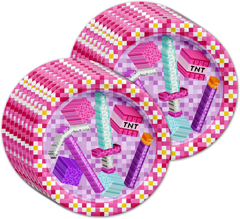 Girl Pixel Mining Birthday Party Supplies Set Plates Napkins Cups Tableware Kit for 16