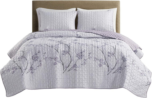 Comfort Spaces Reversible Quilt Set-Vermicelli Stitching Design All Season, Lightweight, Coverlet Bedspread Bedding, Matching Shams, King (104 in x 90 in) Kate, Grey/Purple 3 Piece