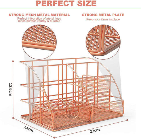 Rose Gold Desk Organizer for Women - Wayin Upgraded Mesh Office Supplies Desk Accessories with 6 Compartments + Sliding Drawer and 50 Paper Clips & 9 Binder Clips for for Home School Office Desktop