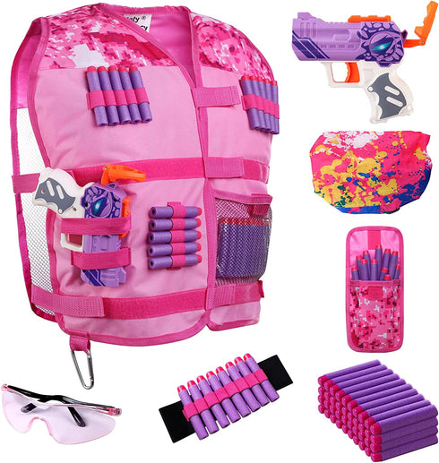 Girls Tactical Vest Kit with Blaster - Kids Pink Tactical Vest Compatible with Nerf Rebelle N-Strike Purple Darts for Girl