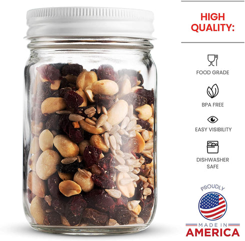 Glass Mason Jars (12 Pack) - Regular Mouth Jam Jelly Jars, Metal Airtight Lid, USDA Approved Dishwasher Safe USA Made Pickling, Preserving, Decorating, Canning Jar, Craft and Dry Food Storage (12 Ounce)