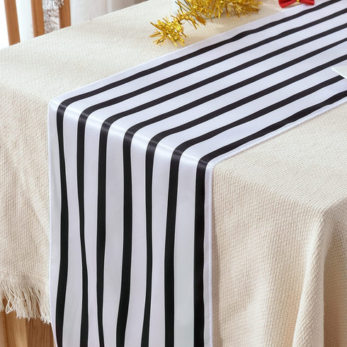 HYCC 10-Pack Stripes Satin Table Runner for Wedding/Bridal Shower Birthdays/Baby Shower and Special Events (Black/White, 12"X 108")