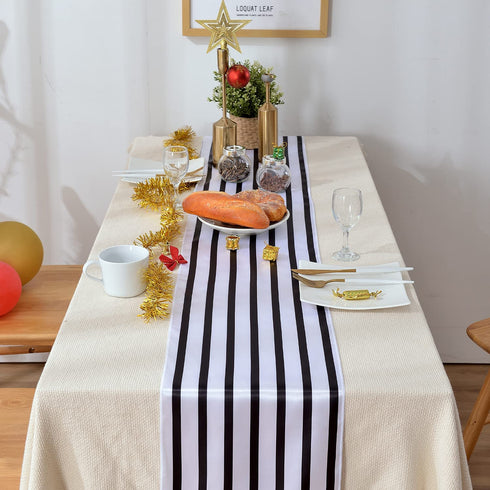 HYCC 10-Pack Stripes Satin Table Runner for Wedding/Bridal Shower Birthdays/Baby Shower and Special Events (Black/White, 12"X 108")