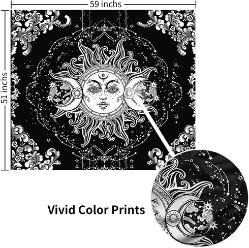 HYPREST Black and White Tapestry for Bedroom, Sun and Moon Tapestry, Burning Sun with Stars Psychedelic Tapestry Indie Wall Tapestry for Living Room Decor With Clips and Hooks (59" x 79"inches)