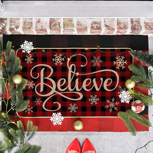 Artoid Mode Buffalo Plaid Snowflake Believe Decorative Doormat, Seasonal Winter Christmas Holiday Low-Profile Floor Mat Switch Mat for Indoor Outdoor 17 x 29 Inch