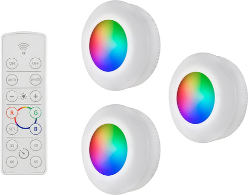 Energizer LED Puck Lights, 3 Pack, Color Changing, Remote Controlled, Battery Operated, Wireless, 35 Lumens, Dimmable, Perfect for Under Cabinet, Closet, Bedroom, and More, 39154