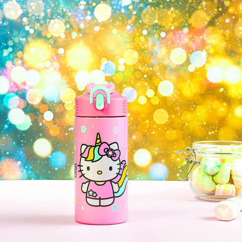 Zak Designs Sanrio Hello Kitty Vacuum Insulated, Stainless Steel Kids Water Bottle with Flip-Up Straw Spout and Locking Spout Cover, Durable Cup for Sports or Travel (14 oz, 18/8 SS)