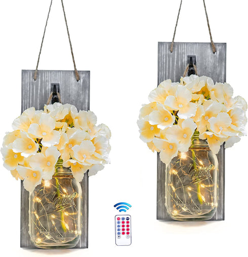 MIGKEE Mason Jar Sconces Night Light with Remote Control and LED-Fairy Lights for Wall Decor Set of 2