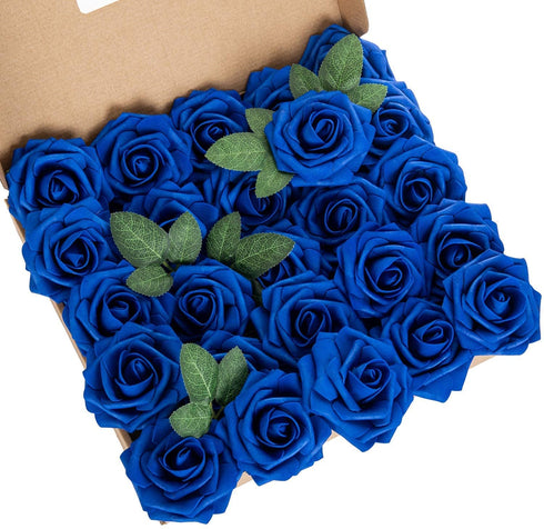 Exoment 25pcs Artificial Flower Foam Rose Real Touch Roses Flower Heads with Stem for DIY Wedding Bouquets Centerpieces Arrangements Party Baby Shower Home Decor (Royal Blue)