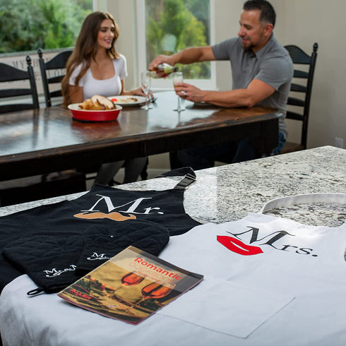 Mr and Mrs Aprons Kitchen Bundle - Includes Adjustable His and Her Aprons, Date night Cookbook, 2 Oven Mitts & 1 Pot Holder - Perfect Newlywed Gift for Bridal Shower, Housewarming & Weddings