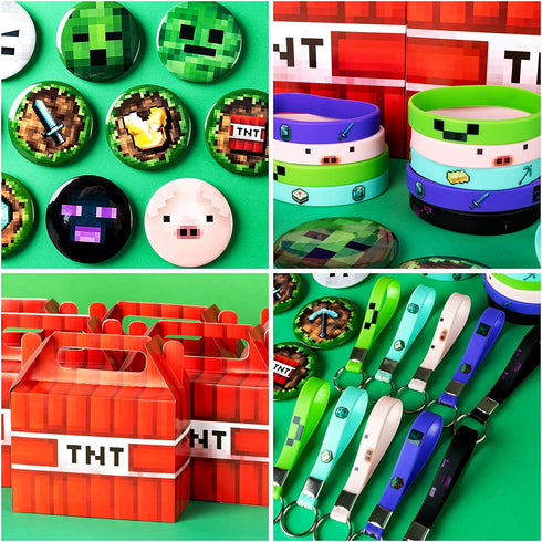 Pixel Style Birthday Party Supplies,40pcs Miner Theme Party Decorations Set,Include 10 Button Pins,10 Key Chains,10 Gift Boxes for Kids,Best for Fill Up the Goodie Bags for Miner Themed Party Favors