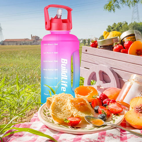 BuildLife Half Gallon Water Bottle - BPA Free Leakproof Water Jug Gradient Motivational Time Marker with Straw & Phone Holder Handle to Remind You Drink More Water