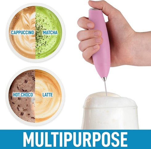 Zulay Pro Milk Frother Handheld With Upgraded Holster Stand - Powerful Coffee Frother Electric Handheld Mixer & Foam Maker - Battery Operated Frother For Coffee, Lattes, Matcha & More (Pink)