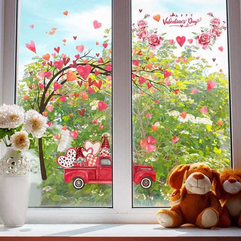 Yovkky Pink Hearts Tree Truck Gnome Wedding Anniversary Window Clings 9 Sheets, Happy Valentines Day Glass Stickers Decal Peony Flower Decor, Home Kitchen Fridge Decorations DIY Supply Double Sided