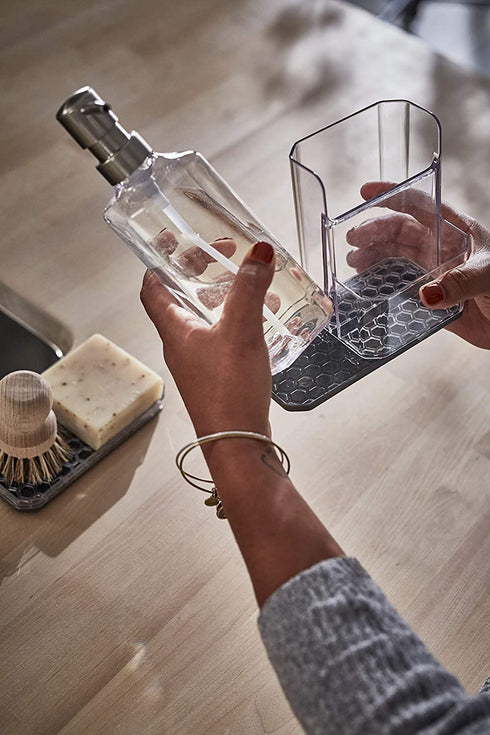 Spectrum Diversified Hexa Sponge & Brush Kitchen Organizer with Refillable Soap Pump, Sponge & Dish, Easy-Clean Sink Organization & Dish Brush Holder with Removable Base, Clear/Gray