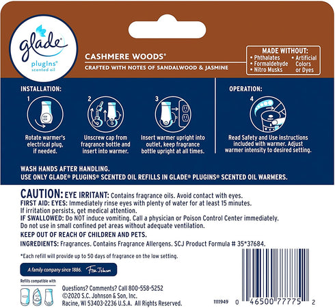 Glade PlugIns Refills Air Freshener, Scented and Essential Oils for Home and Bathroom, Cashmere Woods, 3.35 Fl Oz, 5 Count