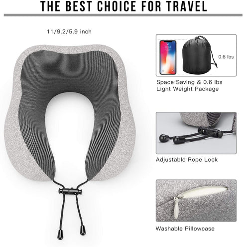 MLVOC Travel Pillow 100% Pure Memory Foam Neck Pillow, Comfortable & Breathable Cover - Machine Washable, Airplane Travel Kit with 3D Sleep Mask, Earplugs, and Luxury Bag, Grey
