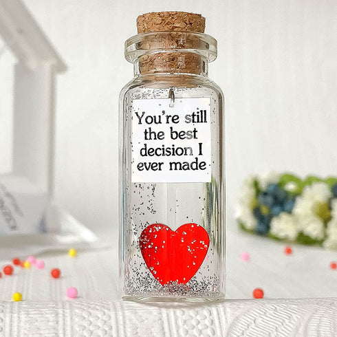 Anniversary Heart Decor Gift for Her and Him - Personalized Valentines Day Gifts - I Love You Presents for Wife and Husband (Red Heart in a Bottle, You're Still the Best Decision I Ever Made)