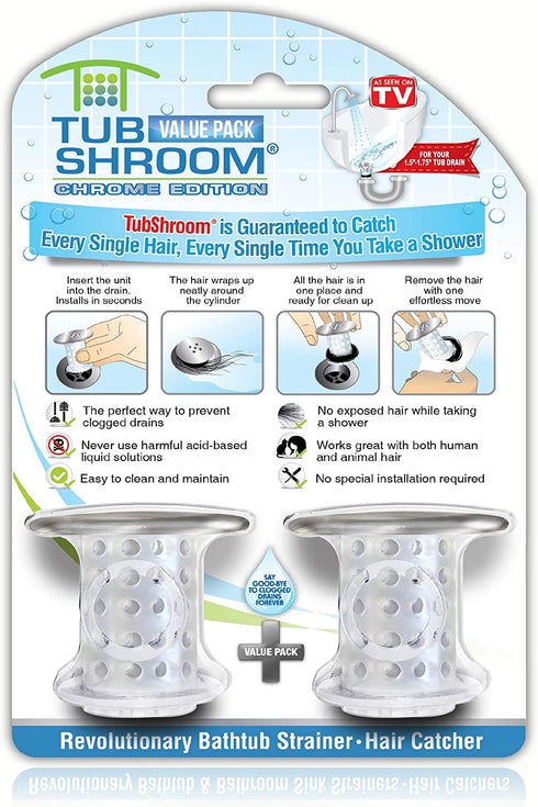 TubShroom Tub Drain Hair Catcher, 2 Pack, Chrome Drain Protector and Hair Catcher for Bathroom Drains, Fits 1.5? 1.75? Bathtub and Shower Drains