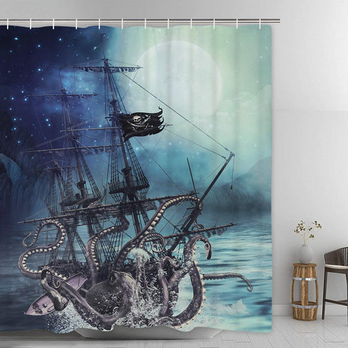 Octopus Shower Curtain Ocean Kraken Attack Nautical Pirate Ship Shower Curtain with 12 Hooks, Octopus Tentacles Sailboat Wave Mountain Under Moon Starry Sky Shower Curtain, Waterproof Durable