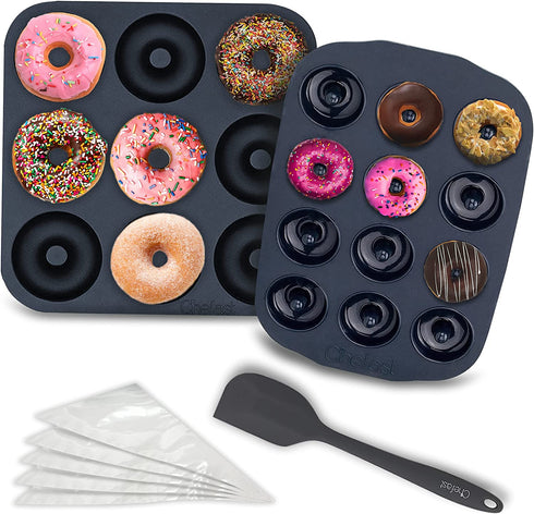 Chefast Silicone Donut Pans Combo Kit: Non-Stick Large and Mini Donut Pan Baking Molds, Spatula, and 5 Pastry Bags - for Full-Size and Small Donuts - Bagels and Doughnuts Maker Set
