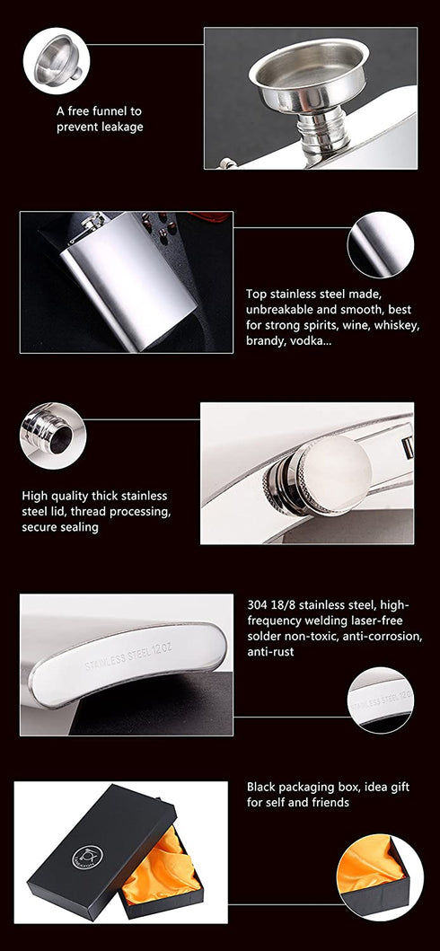 TOX TANEAXON 12 oz Classic Silver Pocket Whiskey Liquor Hip Flask with Funnel and Premium Box - Stainless Steel and Leak Proof