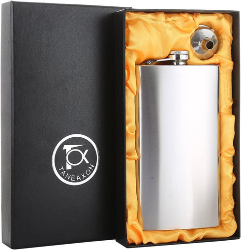 TOX TANEAXON 12 oz Classic Silver Pocket Whiskey Liquor Hip Flask with Funnel and Premium Box - Stainless Steel and Leak Proof