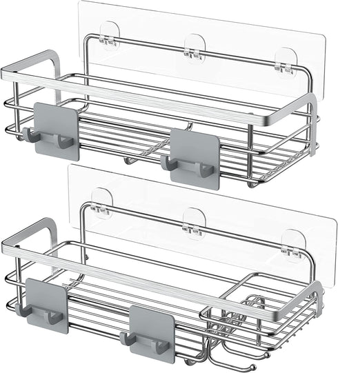 Nieifi Shower Caddy with Hooks, Shower Shelf Organizer Basket Rack Storage Rustproof Adhesive Bathroom Shelves, Drill Free 2 Pack